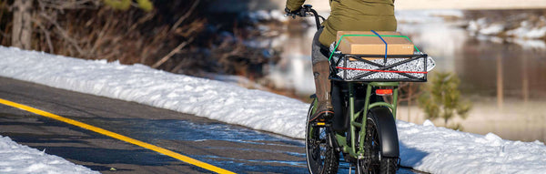 Utility bike, the RadRunner, heads down a snowy road.
