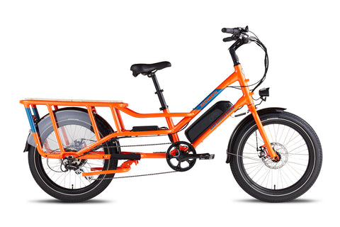 Right side view of an orange RadWagon 4 electric cargo bike