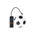 Rad Portable Tire Inflator automatically inflating a black and white soccer ball.