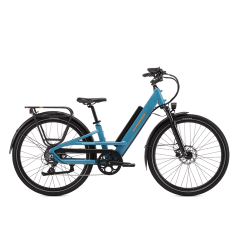Right side image of a Radster road electric commuter bike in bay blue