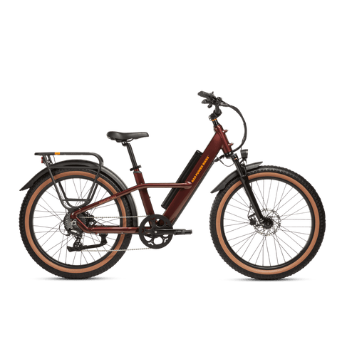 Right side view of the Copper Red Radster Trail electric off-road bike in size large