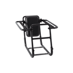 Black metal frame with a padded backrest that allows smaller passengers to ride securely on the back of a RadRunner ebike.