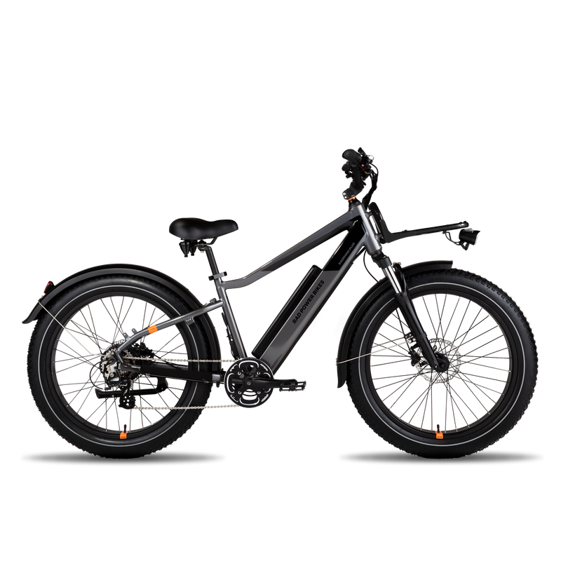 Side view of charcoal high-step ebike with black Front Rack attached.