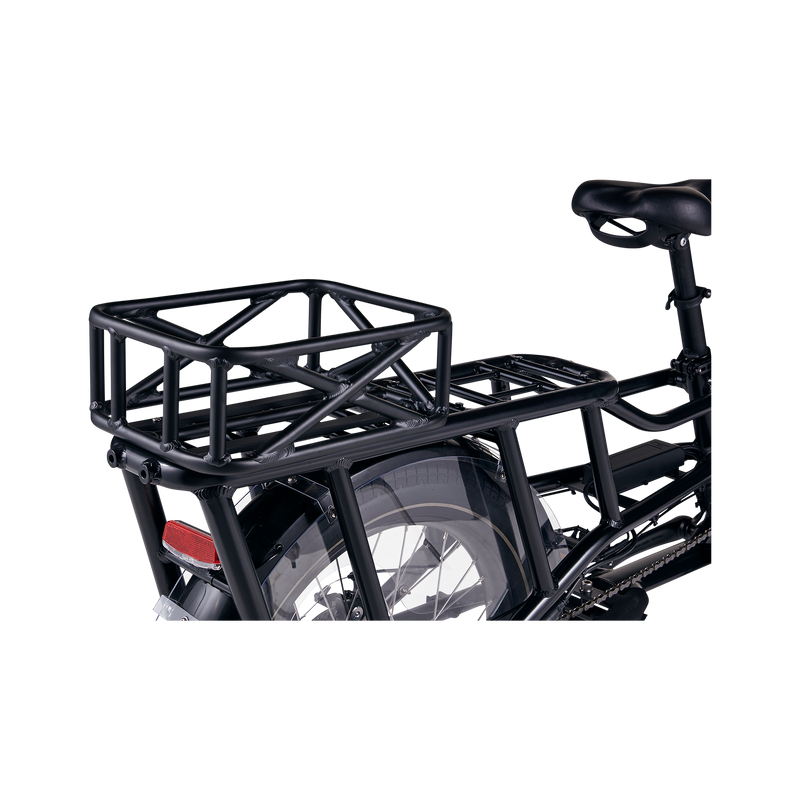 Side rear view of the Small Basket installed at the back of the rear rack of an black RadWagon