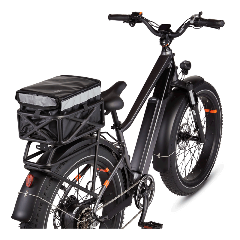Rad Electric bike with a rear rack and basket containing the small basket bag.
