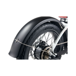 Close up of black RadMini Full Fender on rear wheel of a white RadMini ebike.