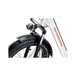 Close up of black RadMini Full Fender on front wheel of a white RadMini ebike.