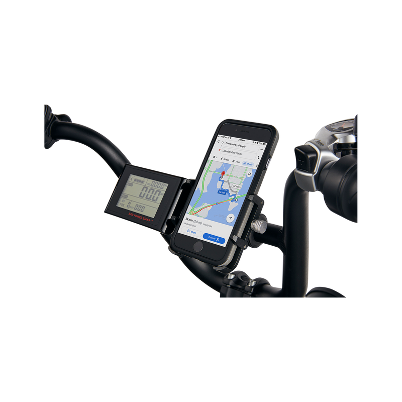 Close up picture of gub pro cell phone mount on bicycle riser handlebars next to ebike display with turned on phone in mount