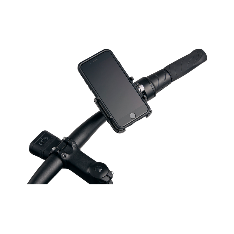 Close up picture of gub pro cell phone mount on bicycle handlebars next to ebike throttle with phone in mount