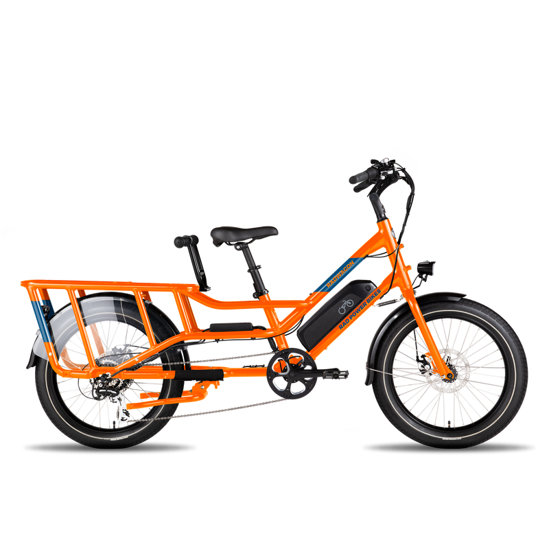 An orange RadWagon with a black Deckhand handlebar mounted in the rear where a passenger would sit