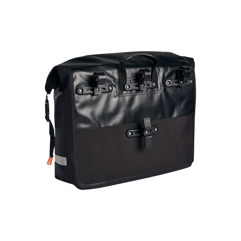 Close up view of the black Ballard Cargo Bag's back and side. The back features the carrying handle and attachment clips for using on a RadWagon rear rack.