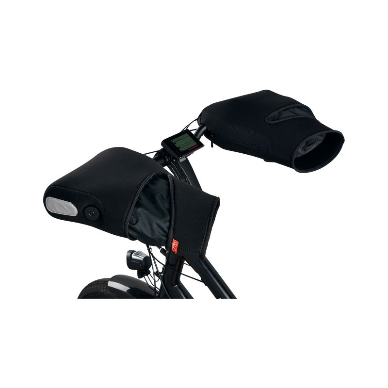 Side view of handlebar mitts attached to electric bike handlebars