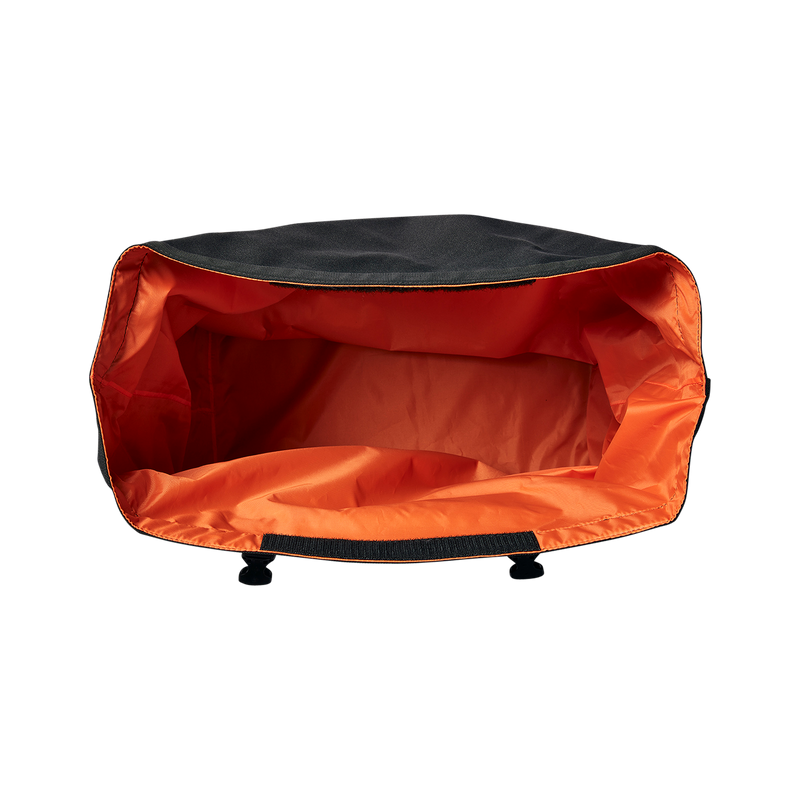 Close-up of the opened top of the Large Basket Roll Top Liner, showing its orange fabric lining and Velcro top.