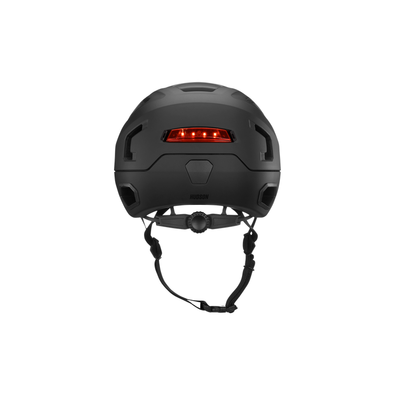 Back view of a black Hudson MIPS bike helmet with an integrated light.