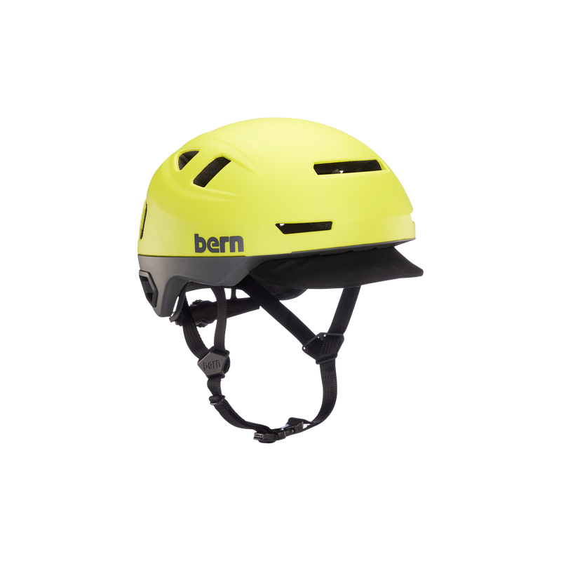 Side view of a hyper green Hudson MIPS bike helmet with a black visor