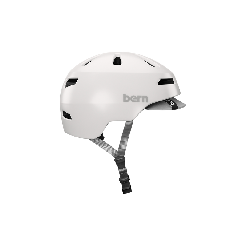Side view of a Bern Brentwood helmet with MIPS protection in a satin white color