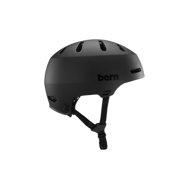 Side view of a matte black Bern Macon helmet