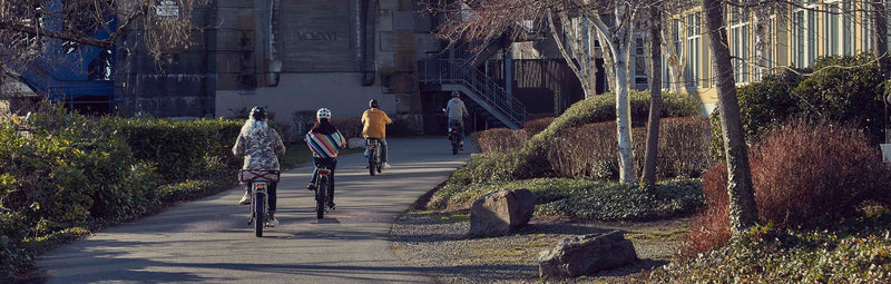Four people ride electric bikes from Rad Power Bikes down a bike trail at dusk.