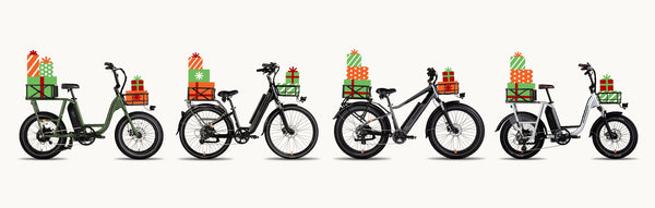 Four electric bikes on a white background. Each bike basket has colorful gifts in them.