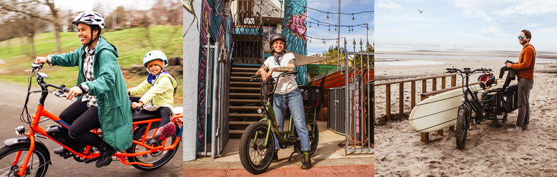 Multiple people pose with their electric bikes.