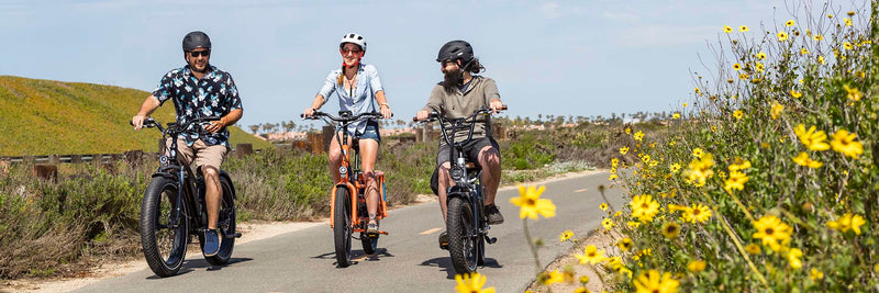 Three friends ride their electric bikes along a road covered in wildflowers.