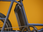 a black ebike battery on a blue ebike against a gold background