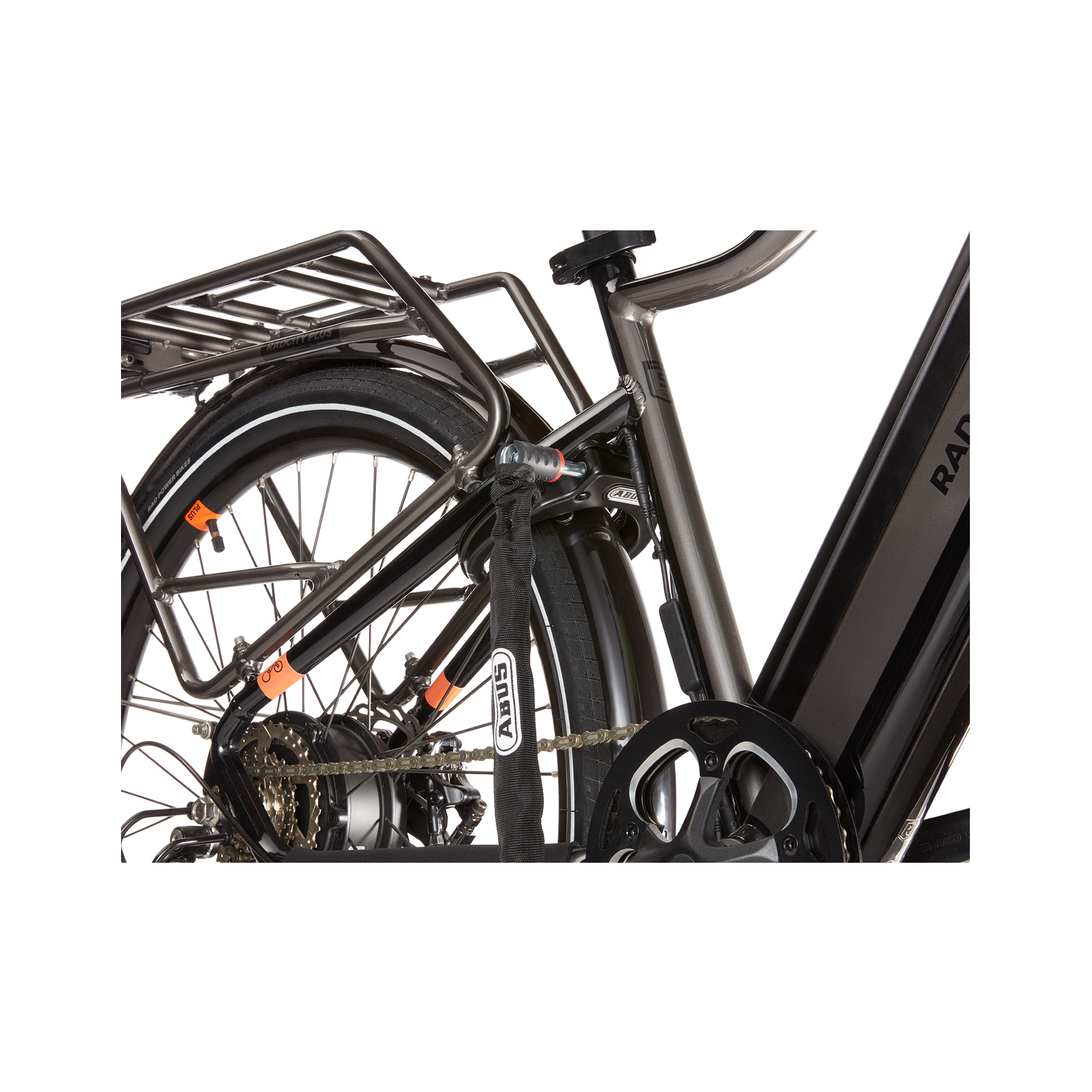 ABUS Adaptor chain and RadCity Wheel Lock by ABUS installed on a RadCity 5 Plus ebike