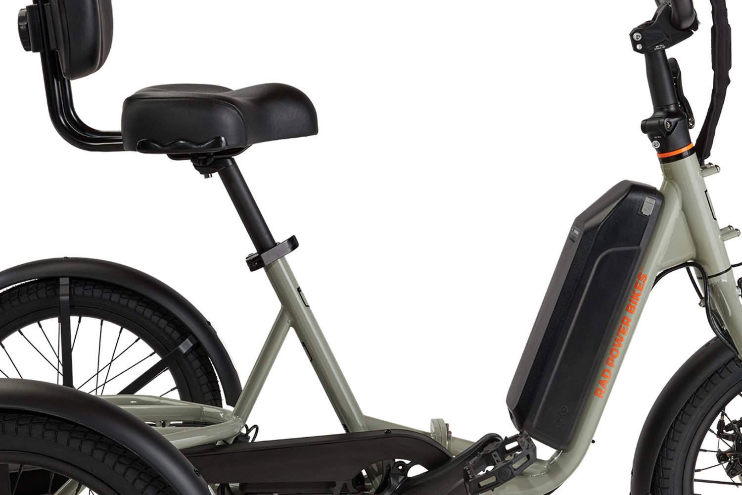 Side view of gray RadTrike electric tricycle with comfort saddle and adjustable handlebars.