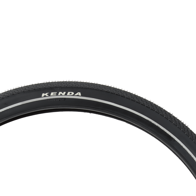 Close up showing the Kenda brand on the 29" x 2.2" replacement tire for the Radster Road electric commuter bike.
