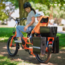 Woman and child on a RadWagon electric cargo bike with hardshell locking storage accessories mounted to the back. 