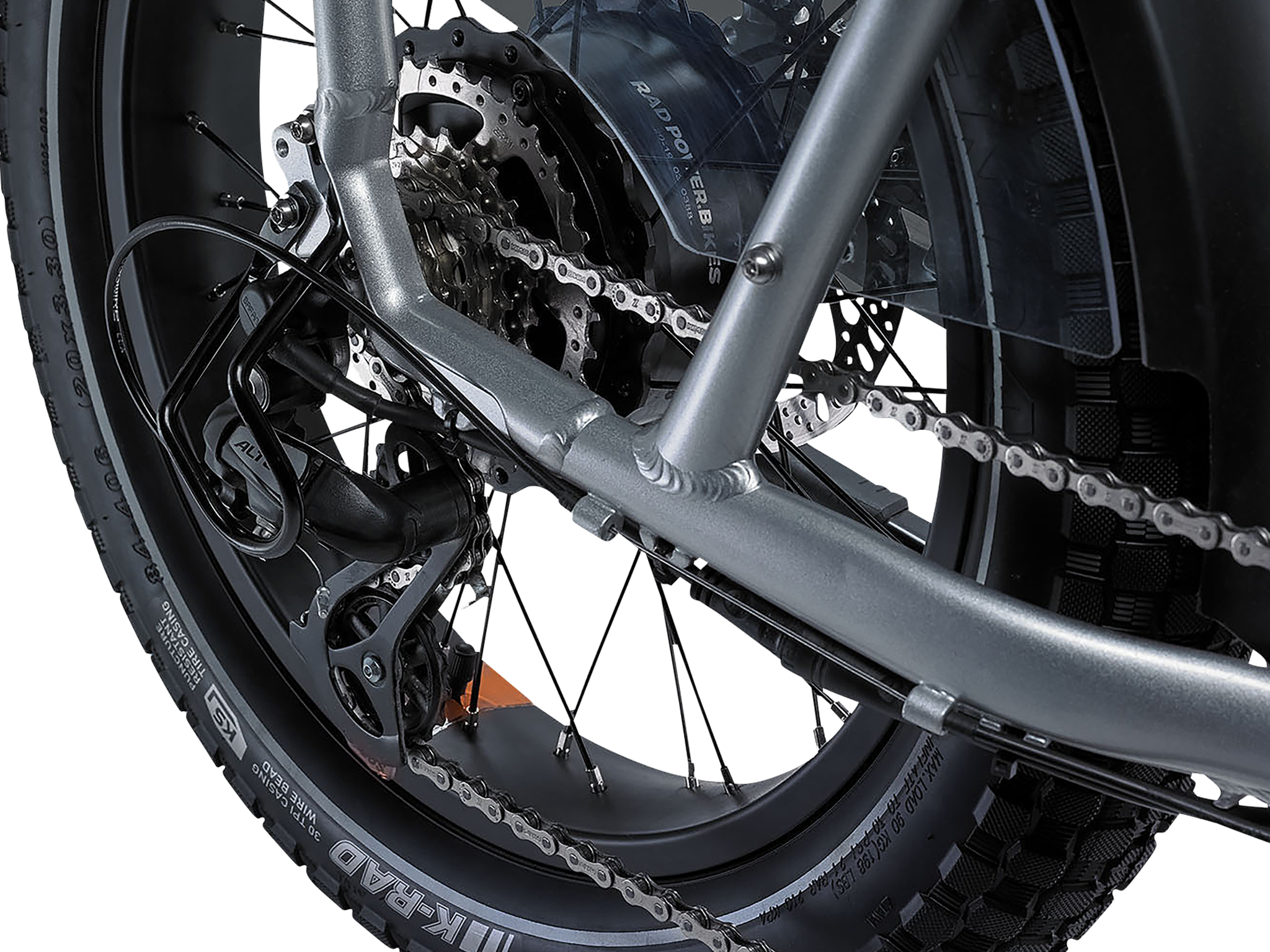 Side view of a silver RadRunner Plus electric cargo bike