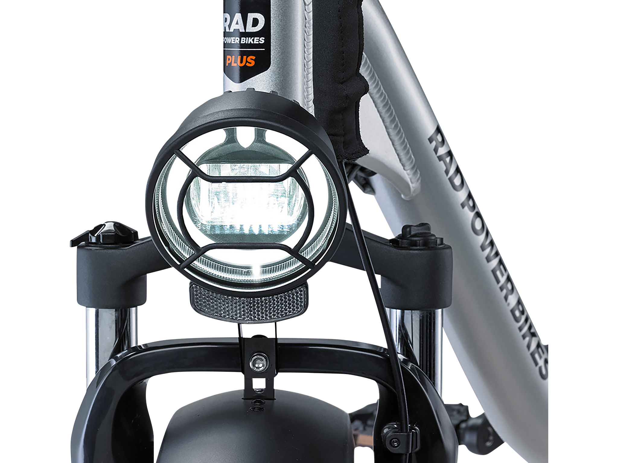 Side view of a silver RadRunner Plus electric cargo bike