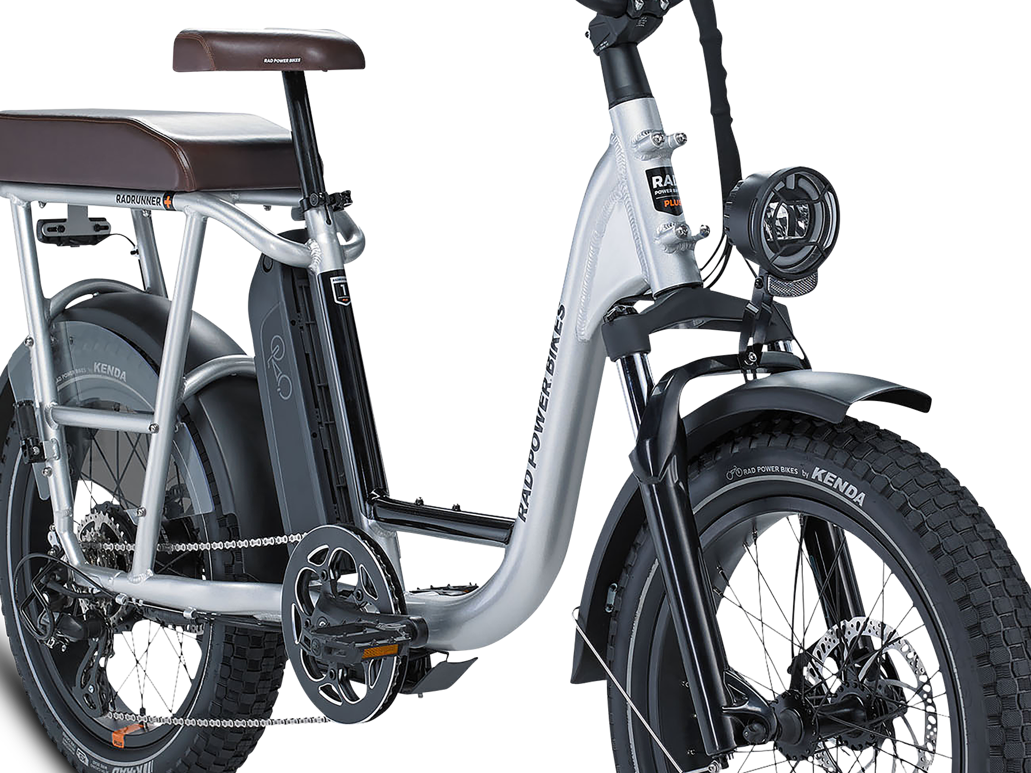 Side view of a silver RadRunner Plus electric cargo bike