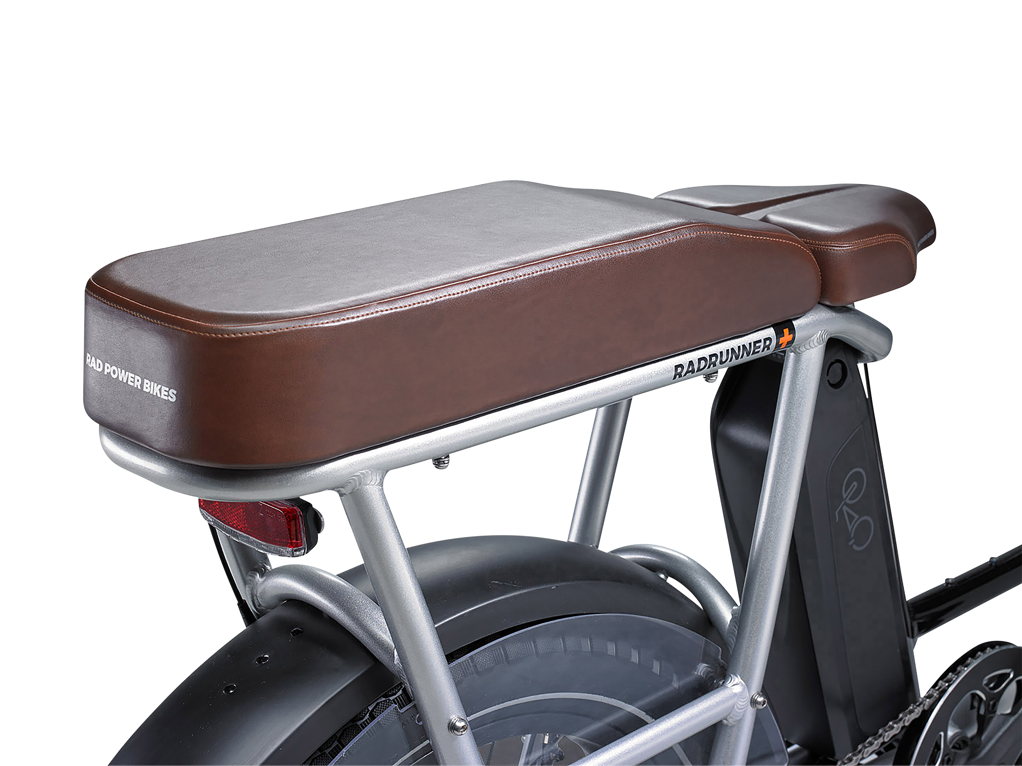 Side view of a silver RadRunner Plus electric cargo bike