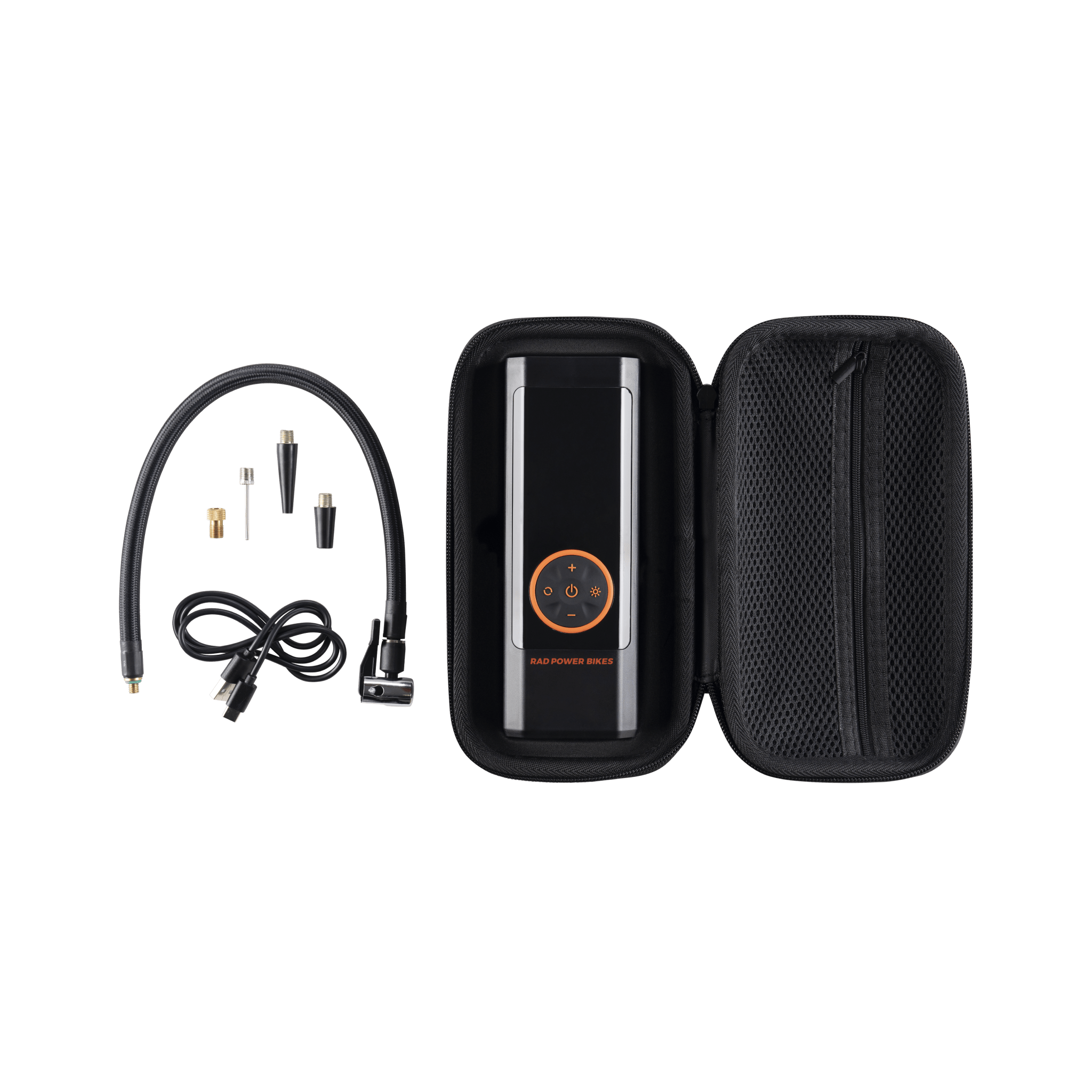 Rad Portable Tire Inflator in a black carrying case with mesh zip pocket and air hose with Q/R Schrader Head, USB-C charging cable, and four valve adaptors.