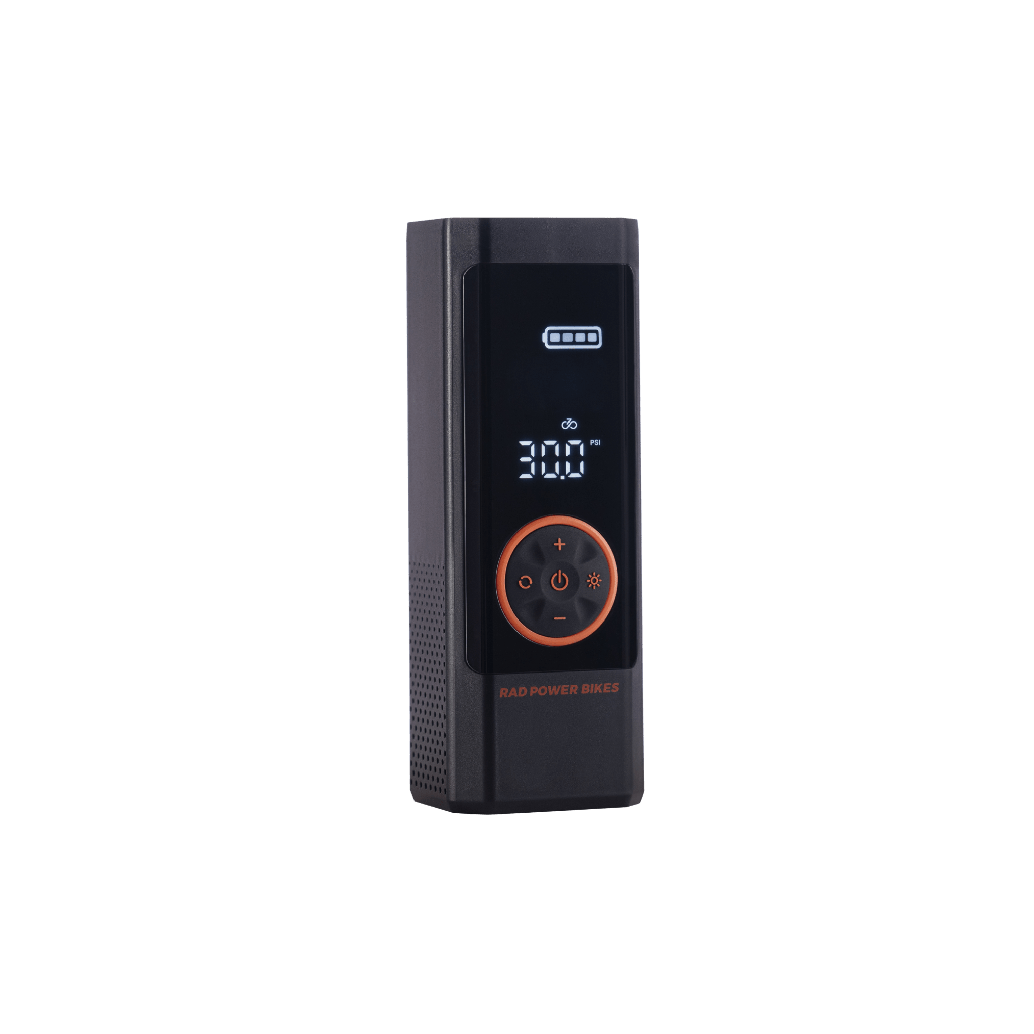 Rad Portable Tire Inflator displaying 30.0 PSI and a full battery.