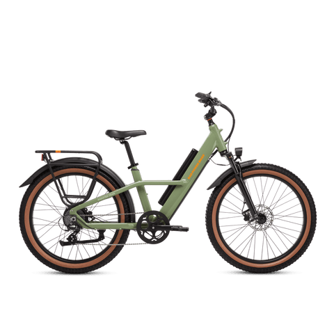 Right side view of a Radster Trail electric commuter bike, size large in fir green