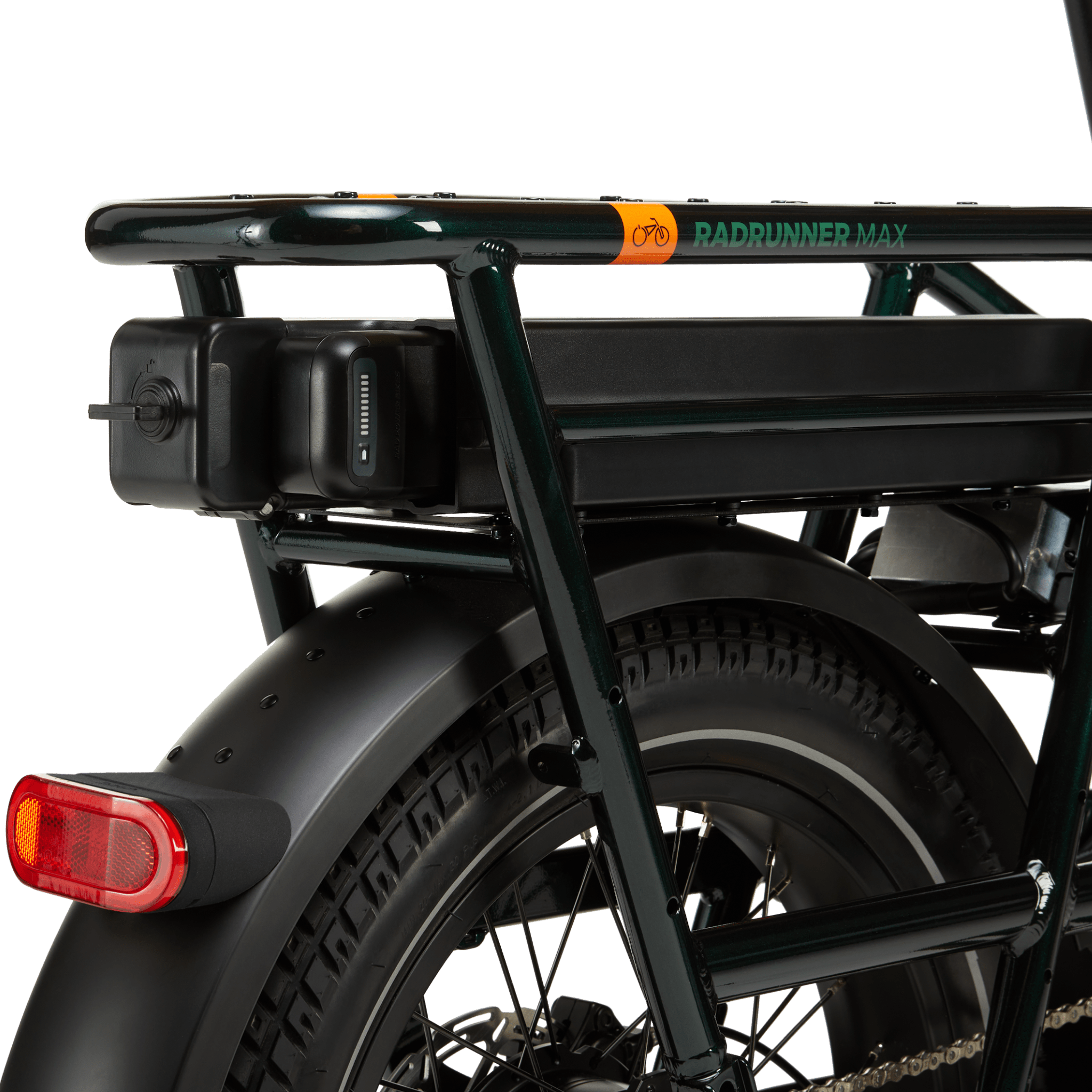 A black range extender mounted on a green electric bike.