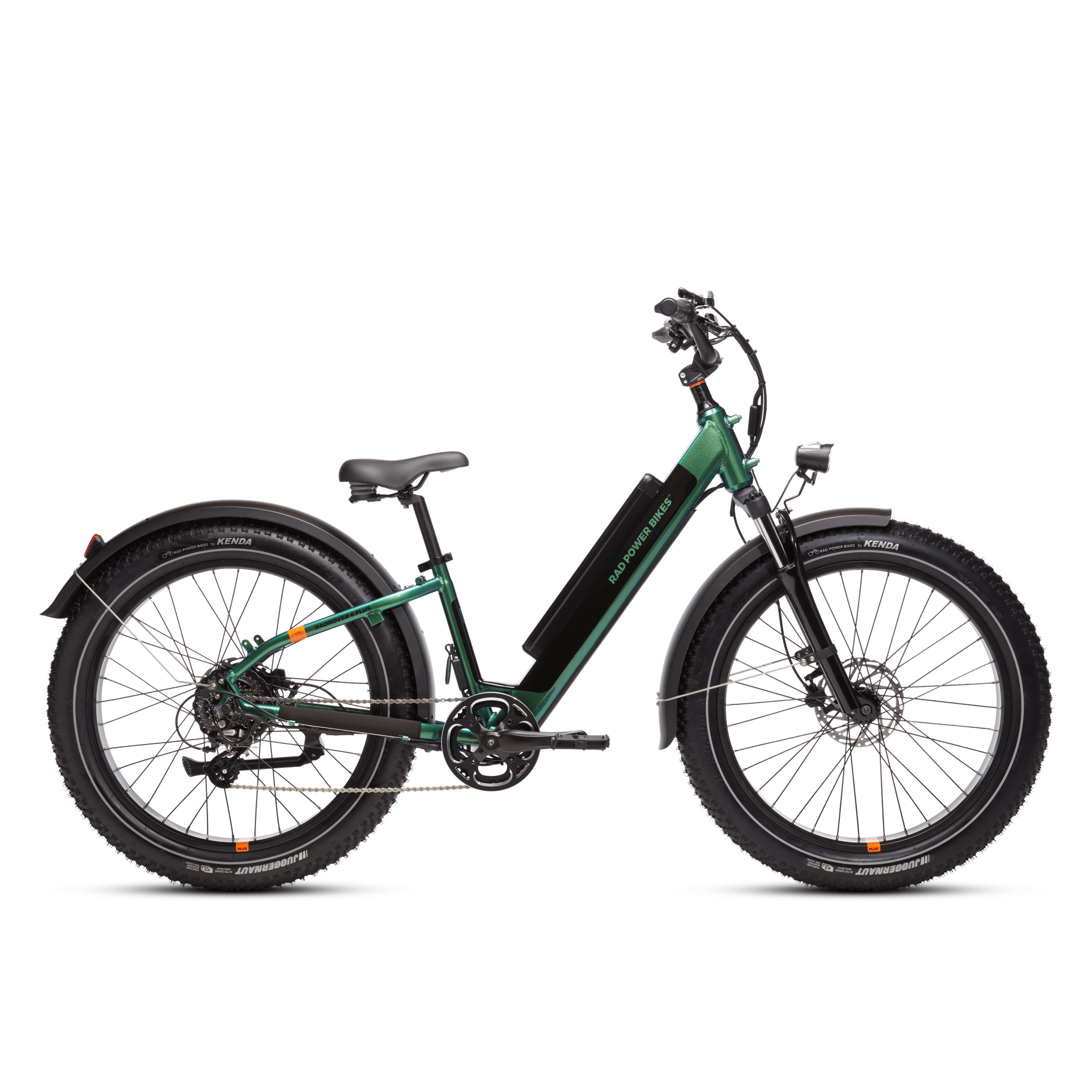 Side view of a green RadRover 6 Plus step-thru electric fat tire bike