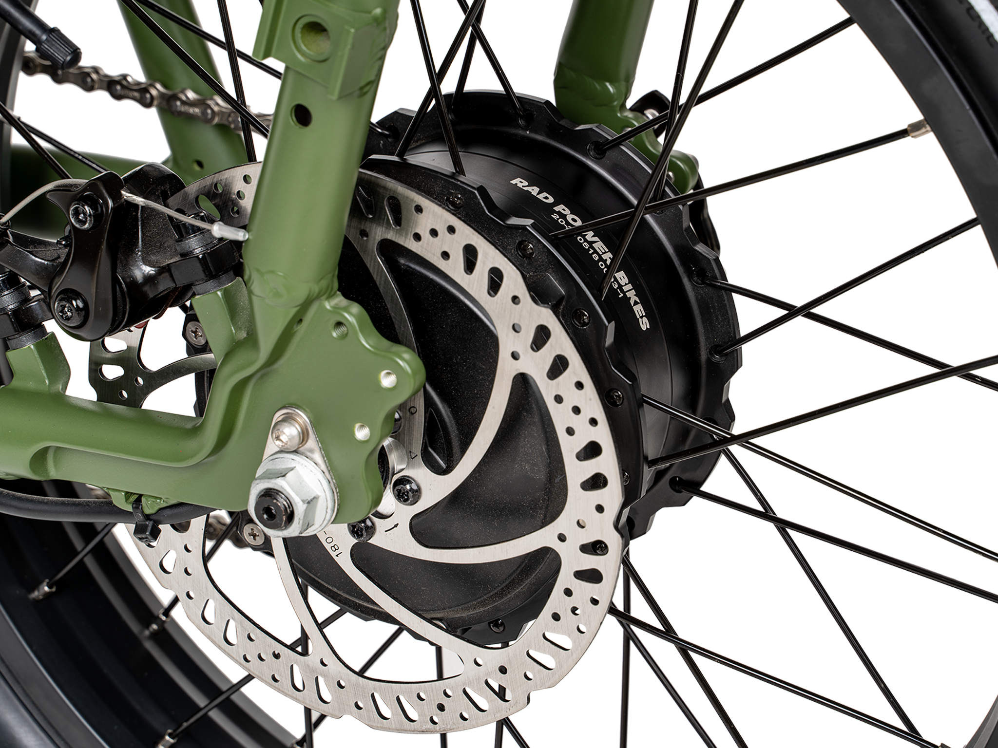 Side view of a green RadRunner 2 electric utility bike