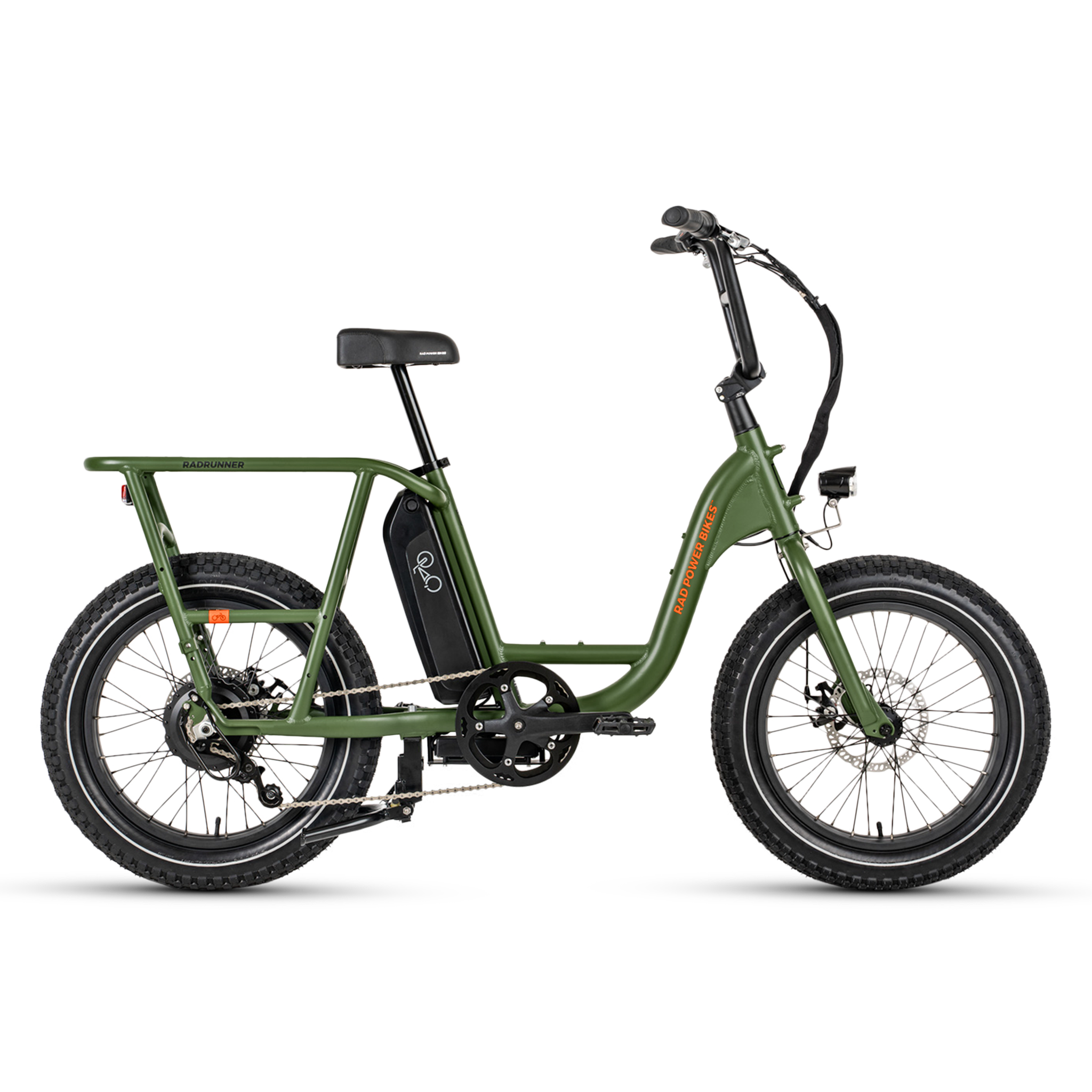 Side view of a green RadRunner 2 electric utility bike