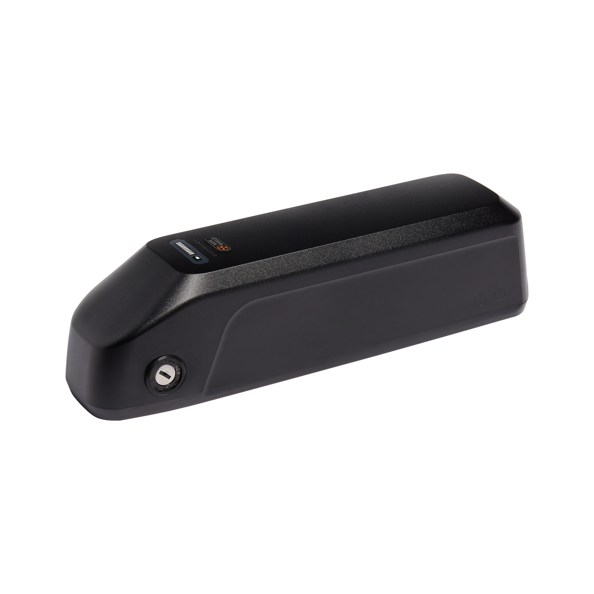 Safe Shield Advanced External Battery, a black ebike battery with key hole and charge indicator