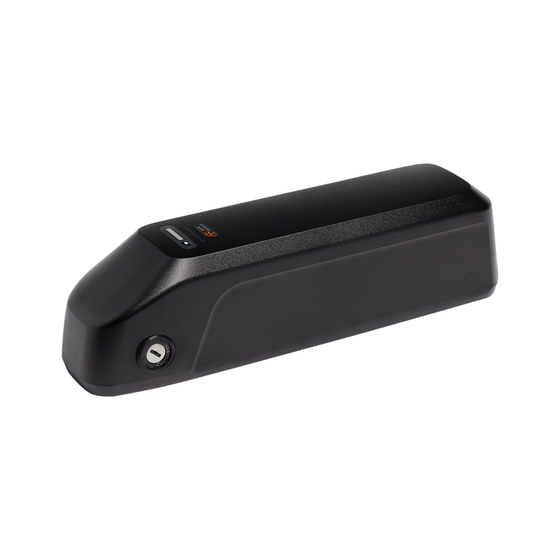 Safe Shield Advanced External Battery, a black ebike battery with key hole and charge indicator