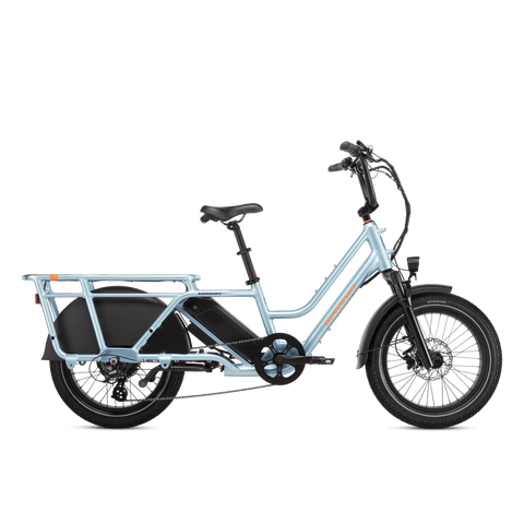 Right side view of a metallic blue RadWagon 5 electric cargo bike