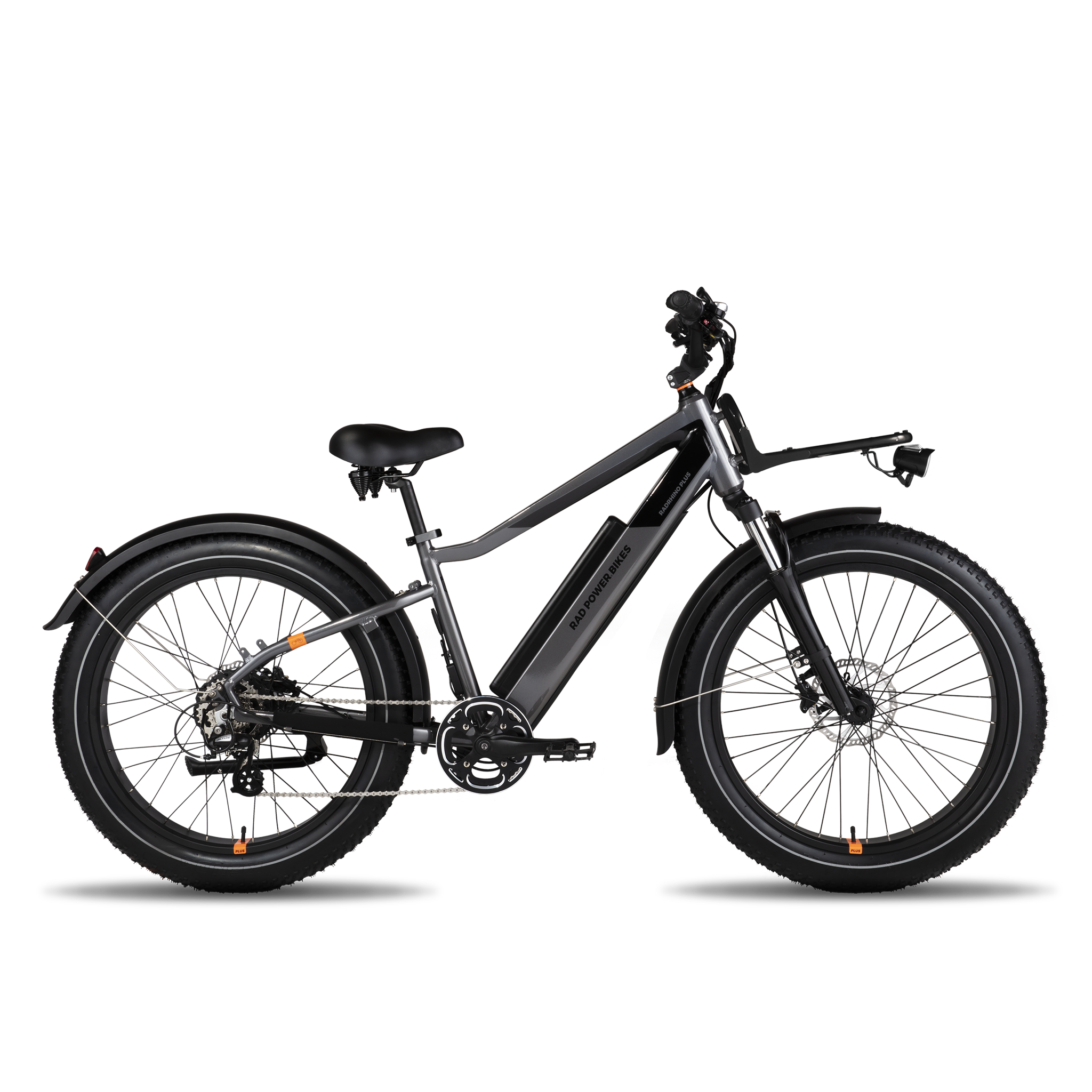 Side view of charcoal high-step ebike with black Front Rack attached.