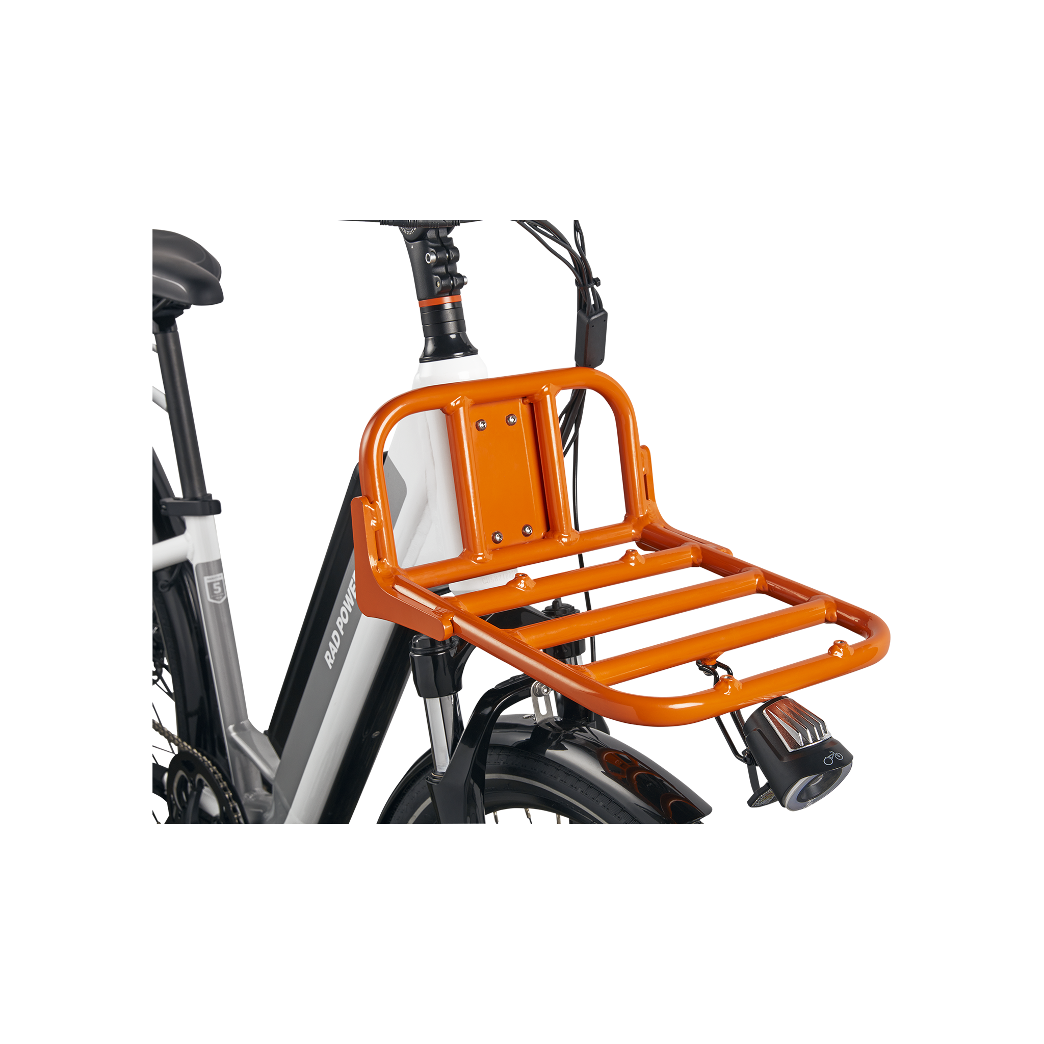 Close up of orange Front Rack attached to a white ebike.