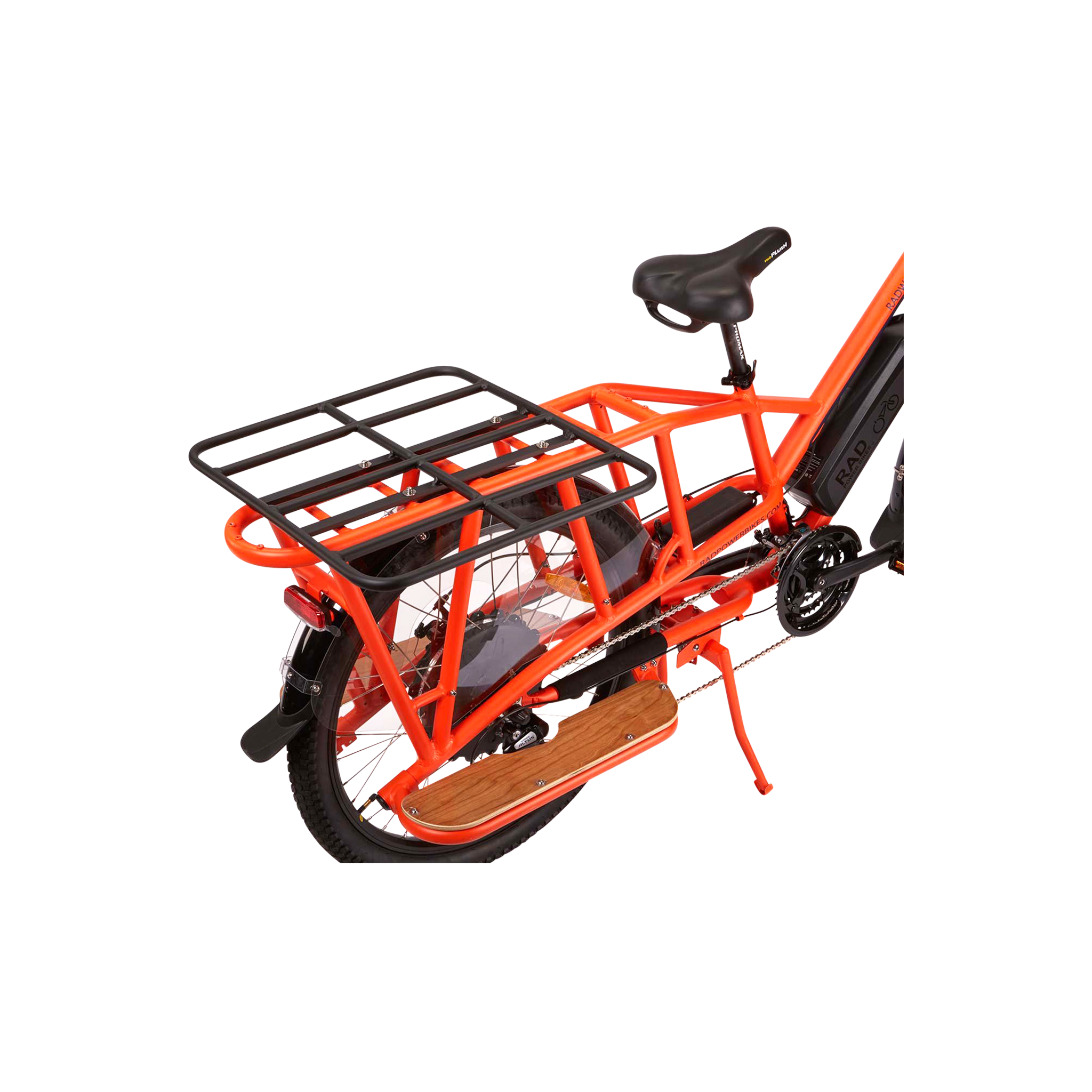 up close image of a black rack platform mounted on the back of an orange wagon bike 