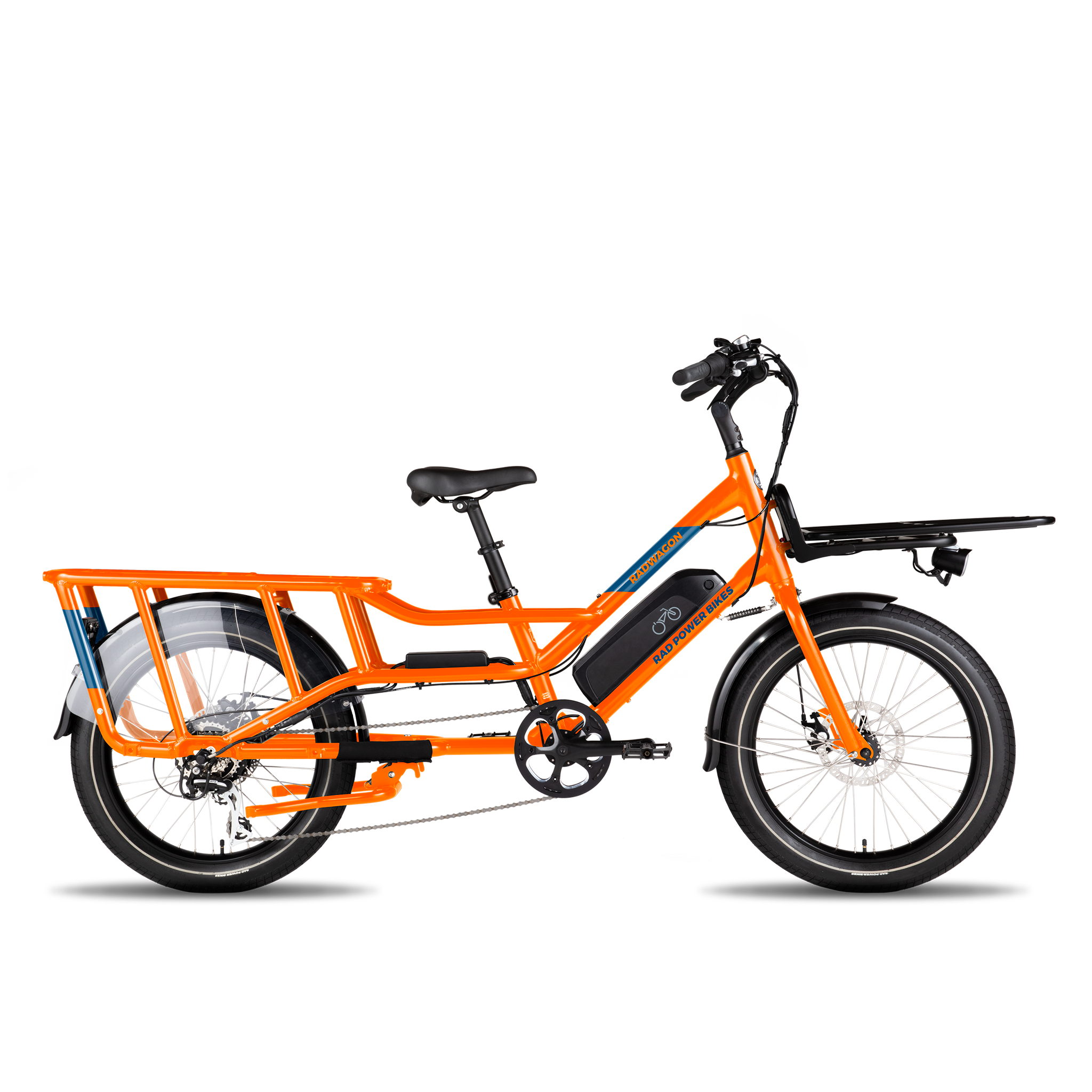 side view of a mounted black rack platform on the front of an orange bike