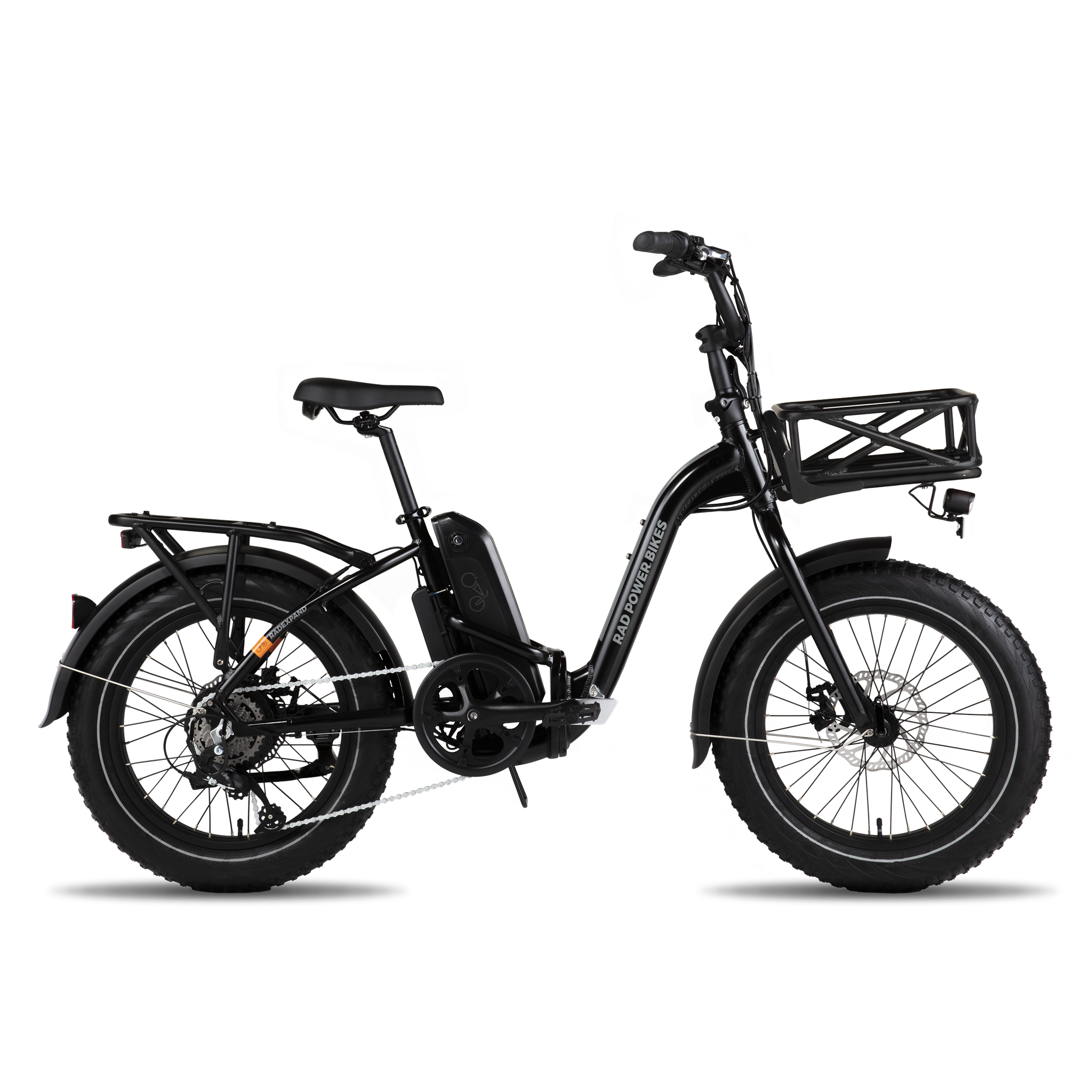 Profile view of the Small Basket installed on the front rack of a RadExpand