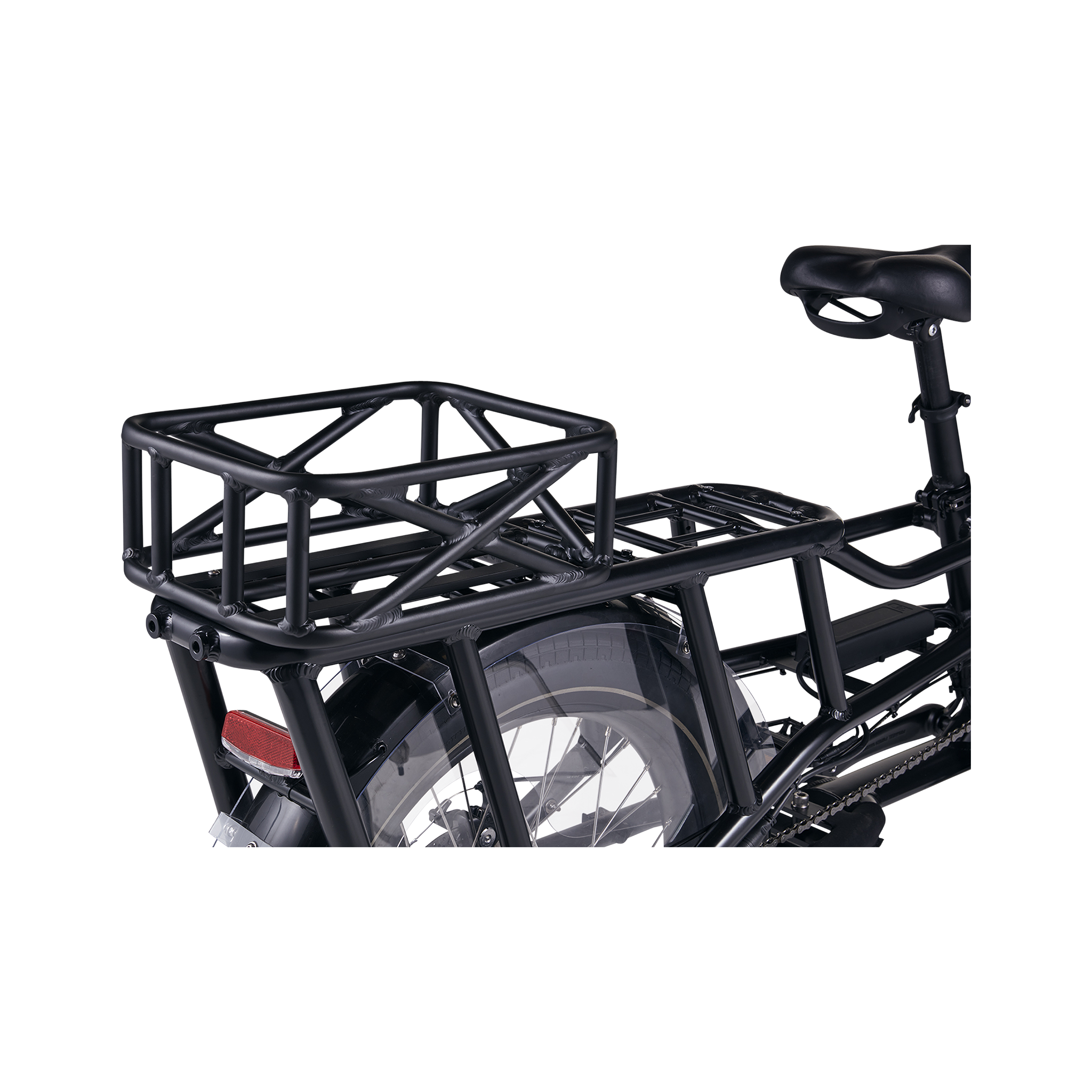 Side rear view of the Small Basket installed at the back of the rear rack of an black RadWagon